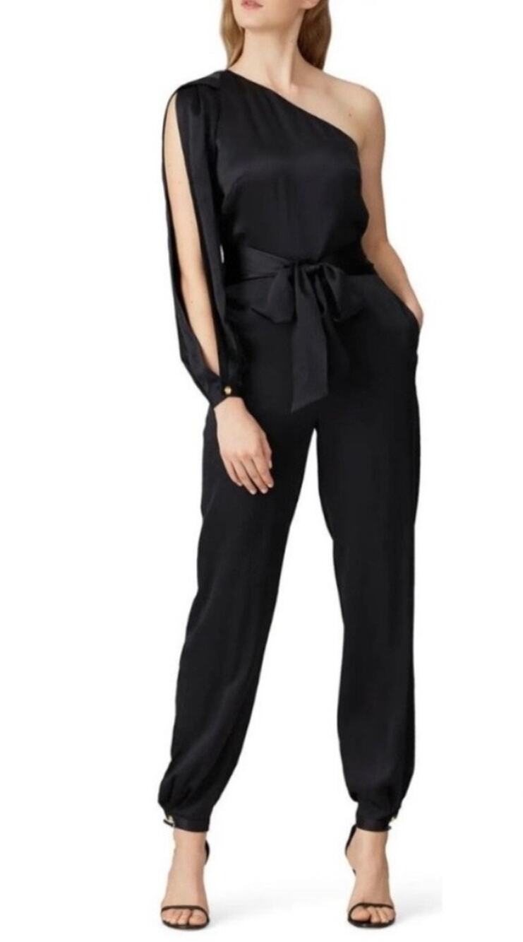 Haney Emerson black hammered silk one sleeve jumpsuit formal cocktail WOMENS 8
